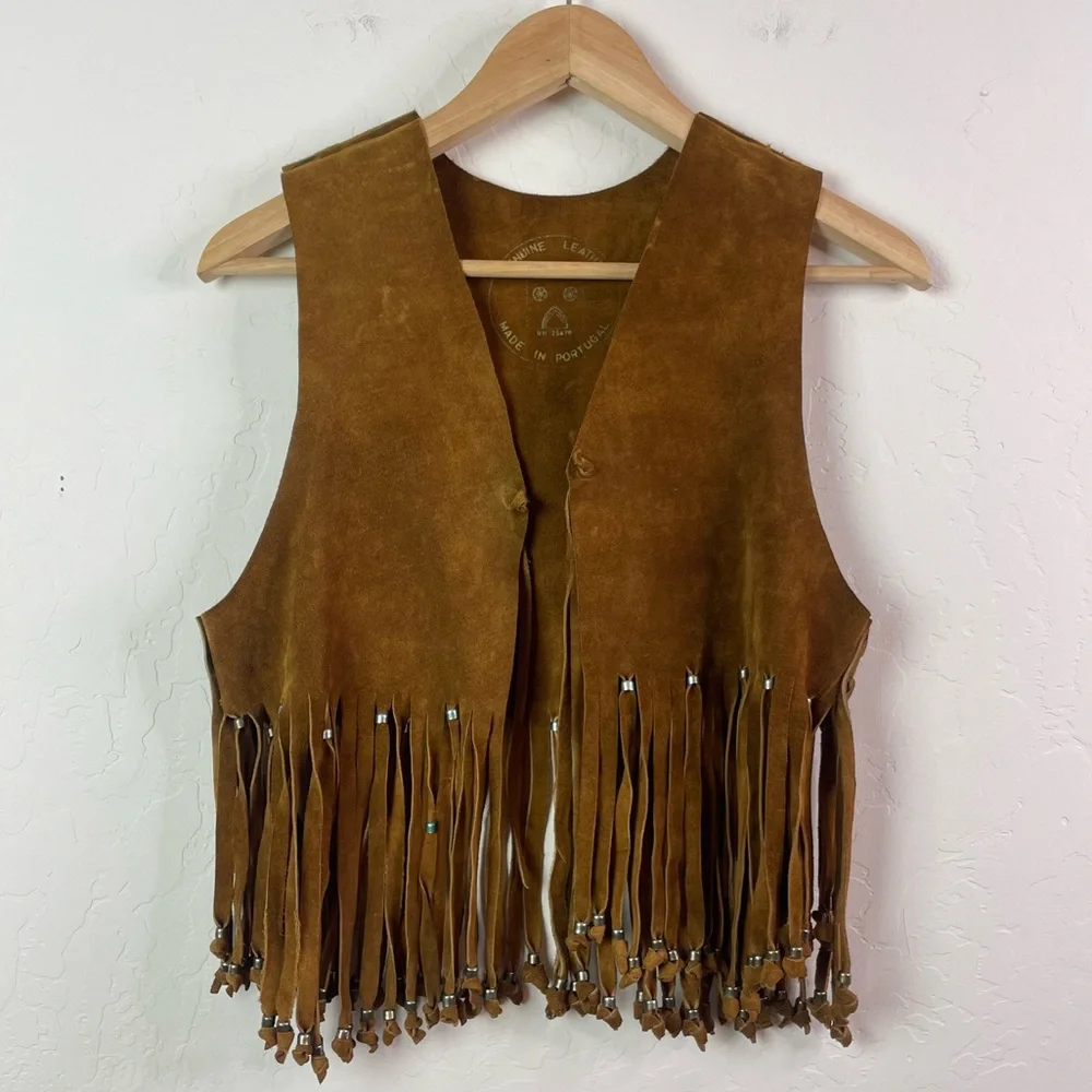 Vintage Suede Handmade Cow Hide Beaded Fringe Tassel Boho Vest / Indian Jacket